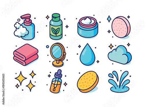 Colorful Skincare Icons. clean skincare. Colorful isometric vect