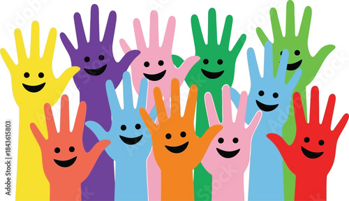 Colorful hands with smiley faces raised in joy and unity