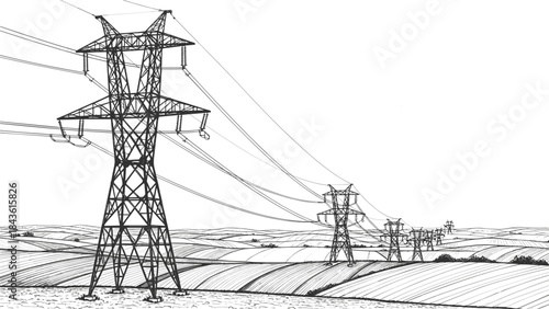 Rural landscape with high-voltage power lines, transmission towers, countryside fields, electricity infrastructure, energy distribution, black and white illustration, perspective depth