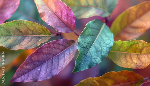Close up of colorful autumn leaves with dew drops shimmering in soft morning light