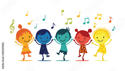 Happy children dancing to music notes in colorful illustration