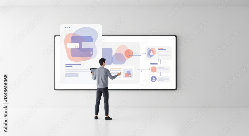 Fototapeta premium Man Presenting Data on Large Interactive Wall Display