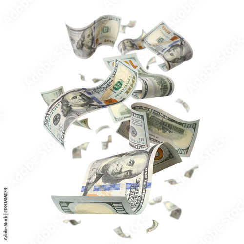 Flying hundred dollar bills, isolated on transparent cutout background