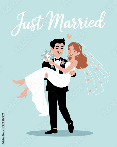 A joyful newlywed couple smiles at each other, embodying love and happiness on their special day, surrounded by romantic visuals that celebrate commitment and shared moments.