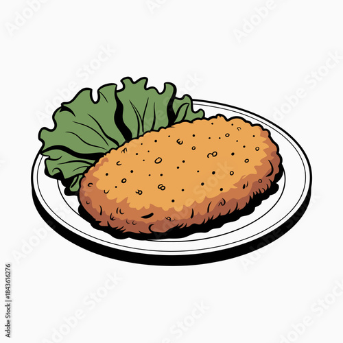 A tempting plate featuring a golden-brown crispy fried cutlet alongside fresh green lettuce, meticulously presented to highlight delicious homemade comfort food at its best.