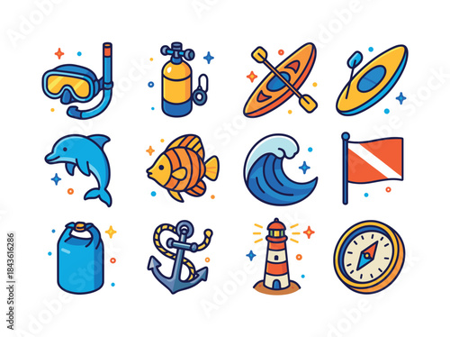 Ocean Adventure Icons. Ocean adventures. Colorful isometric vect