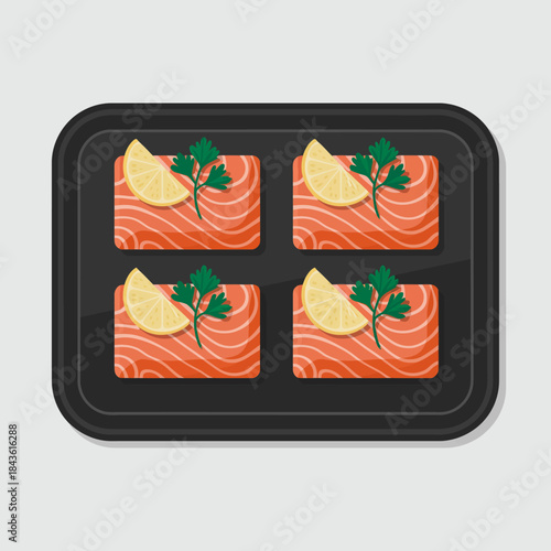 This appealing illustration features salmon filets garnished with lemon on a sleek tray, ideal for food-related content, recipe books, and culinary presentations.
