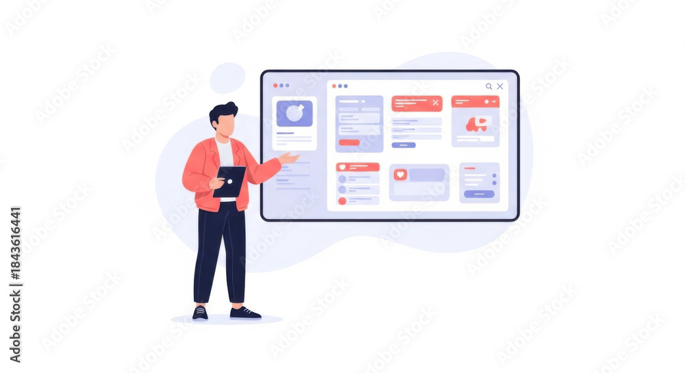 Fototapeta premium Young Man Presenting Social Media Dashboard on Large Screen