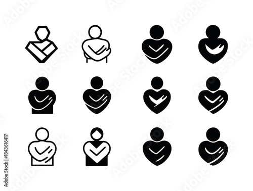 Self-Love Icon Set. A person hugging themselves, practicing self