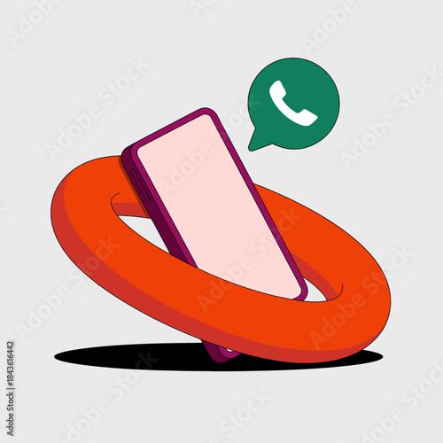 An artistic representation of a smartphone within a life preserver, indicating an incoming call, symbolizing the importance of communication and connection in modern life.