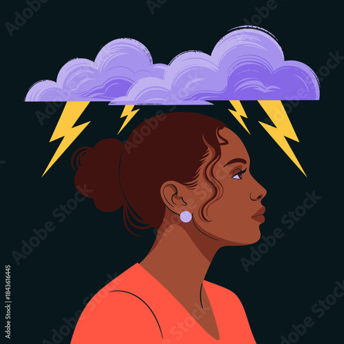This evocative illustration depicts a woman in profile, symbolizing inner thoughts through stormy clouds and lightning, highlighting emotional depth and self-reflection.