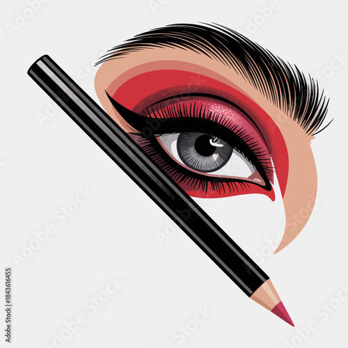 An artistic portrayal of an eye with bold makeup and a pencil, emphasizing the beauty industry and creative expression through cosmetics and personal style.