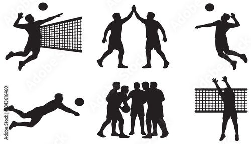 Silhouettes of volleyball players in various action poses, including serving, spiking, and diving, set against a white background.