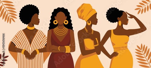 A captivating illustration of four elegant women dressed in traditional attire, each showcasing strong cultural identities and beautiful styles that celebrate femininity and power.