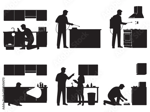 Silhouettes of people performing various cleaning and pest control tasks in a kitchen environment.