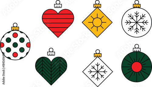Set of seven festive vector Christmas baubles and ornaments in red, green, white, and yellow, featuring heart, sun, and snowflake patterns for holiday decoration designs.