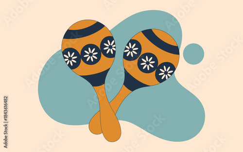 A pair of artistic maracas with bright orange and blue colors, adorned with floral patterns, showcasing musical culture and festive spirit in a playful design.