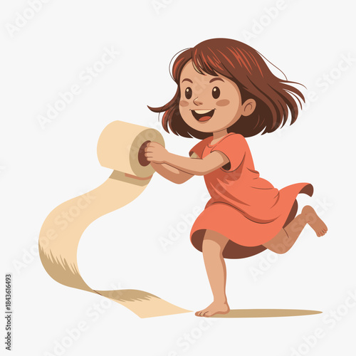 A playful child joyfully unrolls a long piece of paper, showcasing the innocence and creativity of childhood. The scene captures moments of fun, exploration, and imaginative play.