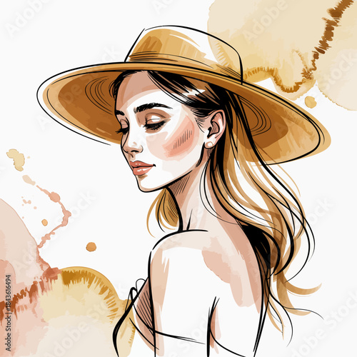 This image features an elegant woman looking sideways, adorned with a stylish wide-brimmed hat and a soft watercolor backdrop capturing an essence of calm beauty.