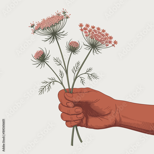 An artistic illustration of a hand holding a vibrant bouquet of flowers, symbolizing beauty and nature. Perfect for expressing emotions and appreciation for flora.