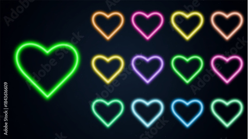 Neon heart shapes in various colors on black background