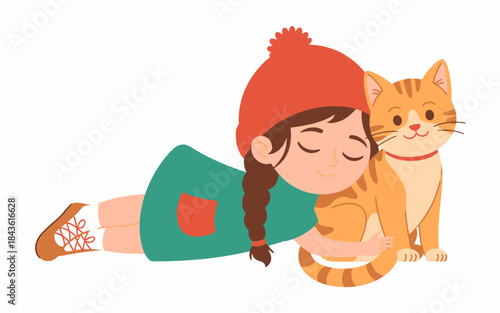 A cute girl in a red hat happily cuddles an orange cat, expressing warmth and love. The playful interaction captures the bond between children and pets beautifully.