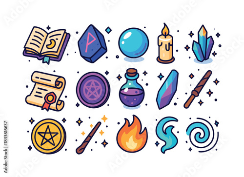 Colorful Magic Icons. Ancient spells. Colorful isometric vector