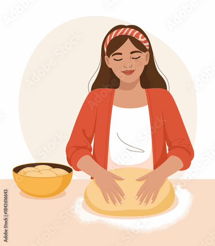 This charming illustration features a woman joyfully kneading dough in her kitchen, celebrating the art of baking and the warmth of creating homemade bread.