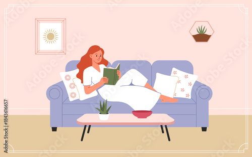 A serene image depicting a woman comfortably reading a book while sitting on a stylish couch, representing leisure, relaxation, and the joy of reading in a cozy home environment.