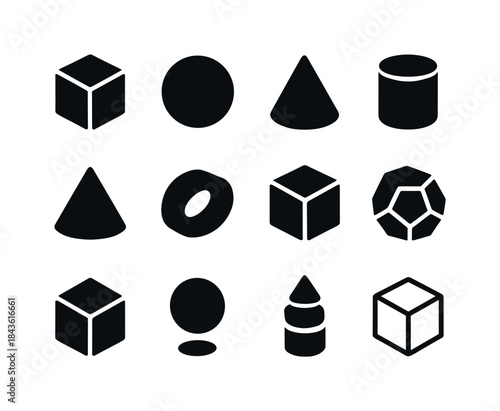 3D Shapes Icon Grid. 3D shapes. Solid icon set of 3D shapes: cub