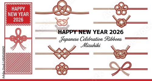 Japanese New Year 2026 greeting card, Mizuhiki ribbons, red gold knots, festive celebration, traditional design, vector illustration, culture