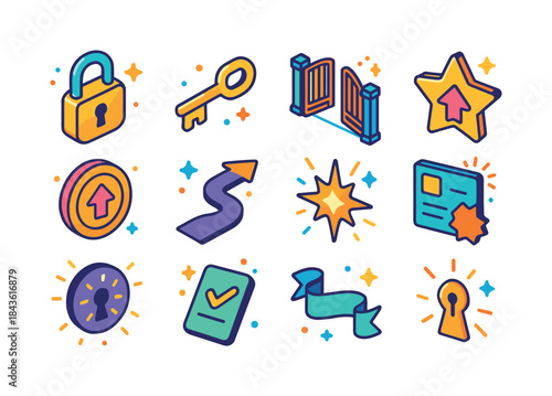 Colorful Progress Icons. Unlocking progress. Colorful isometric