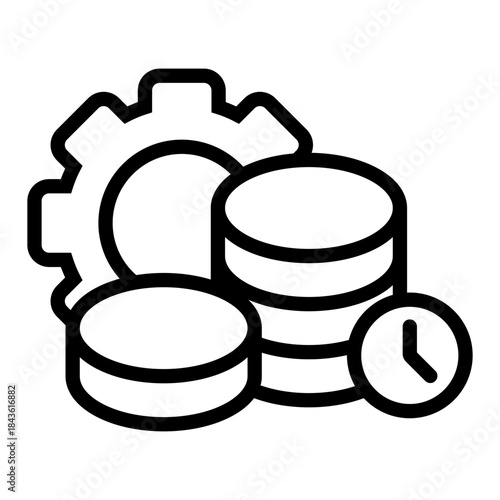 icon represents resource management and optimization, showing gears (settings/work), stacked coins (finance/value), and a clock (time/efficiency).