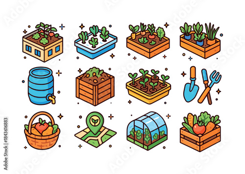 Urban Farming Icons. Urban agriculture. Colorful isometric vecto