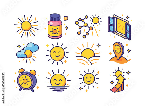 Sunlight Effect Icons. sunlight effects. Colorful isometric vect