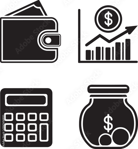Business Investment Tools Black Vector Silhouette Icon Set