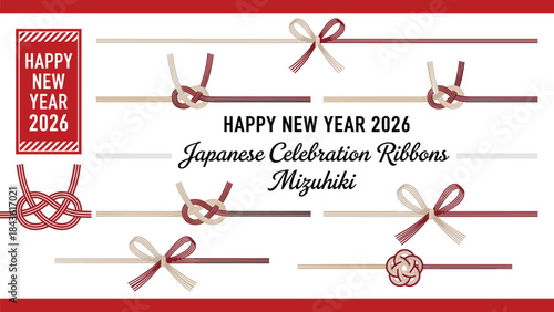 Japanese New Year 2026 greeting card, Mizuhiki ribbons, celebration knots, red white gold, festive design, cultural vector illustration