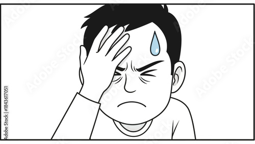 Cartoon Man with Hand on Forehead Showing Stress and Pain.