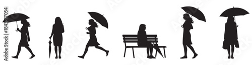Silhouettes of women with umbrellas in various poses, including walking, standing, and sitting on a bench.