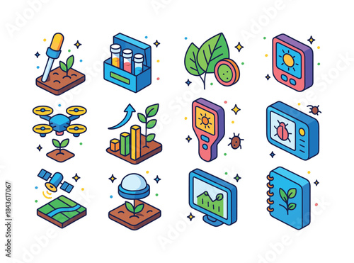 Soil Monitoring Icons. Soil & Crop Monitoring. Colorful isometri