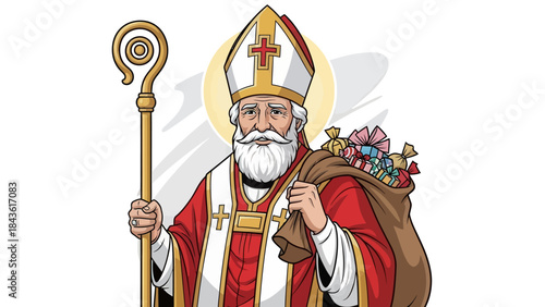 Cartoon Saint Nicholas with bishops mitre, golden crozier, and sack of colorful gifts.