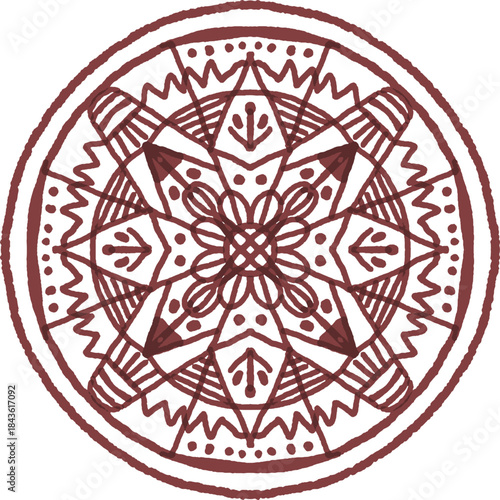 Hand drawn geometric mandala with symmetrical floral and ornamental elements. Circular decorative design inspired by boho, tribal, and folk art aesthetics. Fashion, apparel