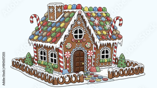 Festive Gingerbread House Decorated with Colorful Candies and White Icing.