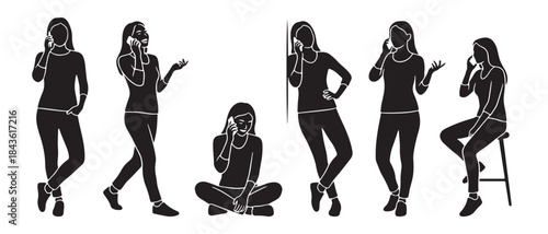 Collection of black silhouettes of women in various poses, all holding and talking on cell phones.