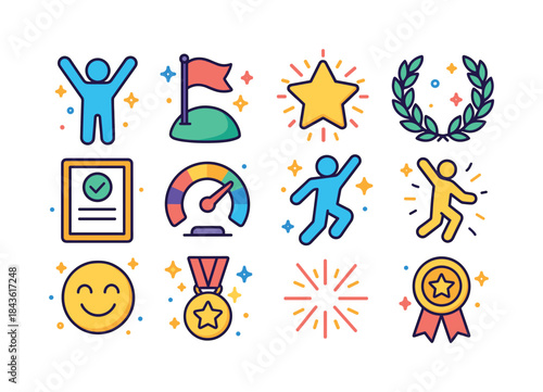 Triumphant Icon Set. Personal Victory. Colorful isometric vector