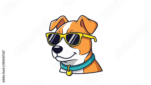 Cool cartoon dog head wearing yellow sunglasses and a blue collar.