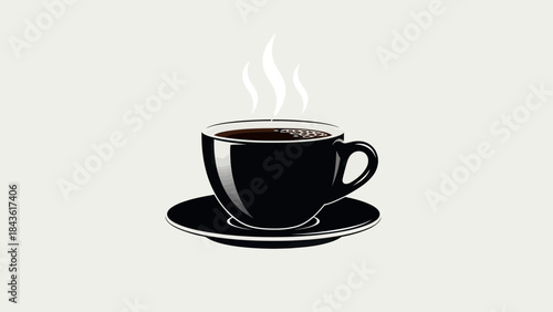 Steaming hot black coffee in a ceramic cup on a matching saucer.