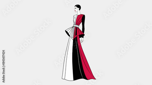 Vibrant fashion illustration of woman in elegant color-blocked gown with bow waist.