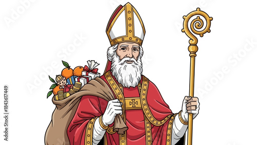 Traditional Saint Nicholas illustration with miter, crozier, and gift sack.