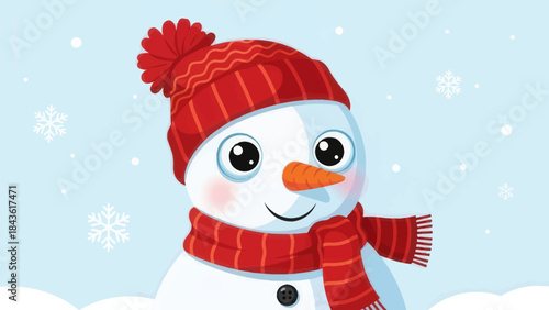 Cute cartoon snowman wearing a red knitted hat and striped scarf in winter.